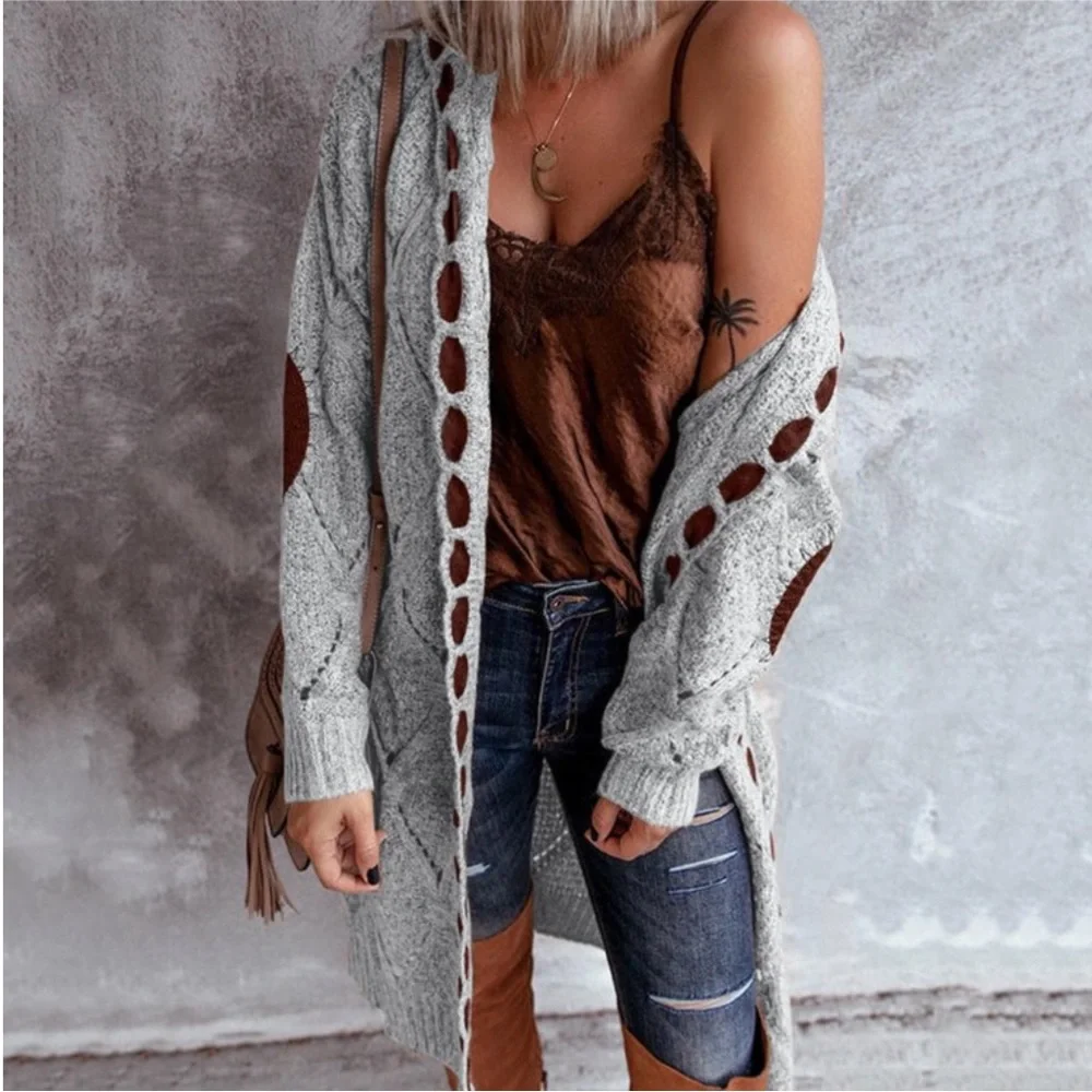 Bohemian Cable Knit Grey Lace Long Hood Gray Boho Grey Cardigan Elbow Patches - Picture 3 of 7
